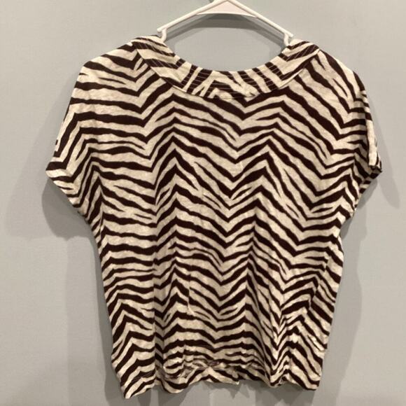 Tahari Womens Linen Zebra Print Button Up Short Sleeve Shirt Size Medium Brown - Picture 5 of 6
